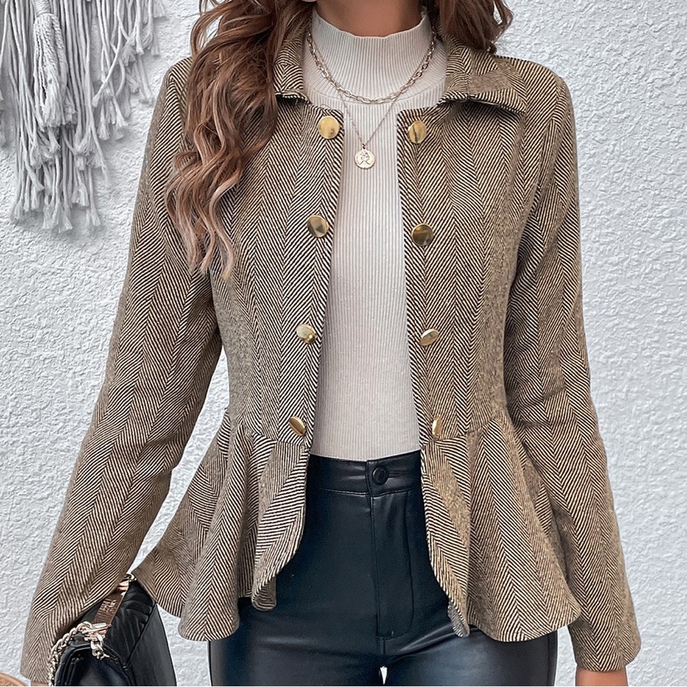 Elegant ruffle hem herringbone brown coat - Picture 1 of 7